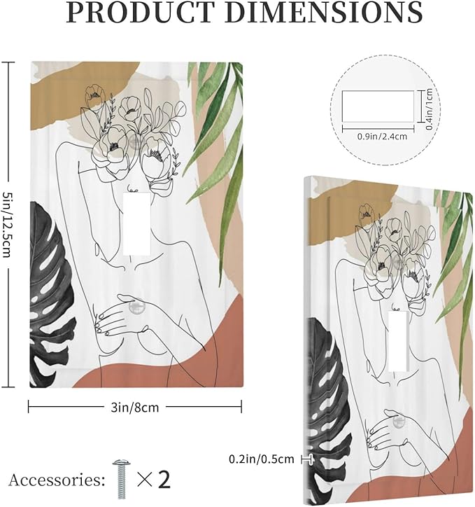 Mid Century Abstract Women Lady Boho Palm Leaf 1 Gang Light Switch Covers Decorative Unique Single Toggle Wall Plate Switchcover Electrical Switchplate for Kitchen Bathroom Bedroom Decor