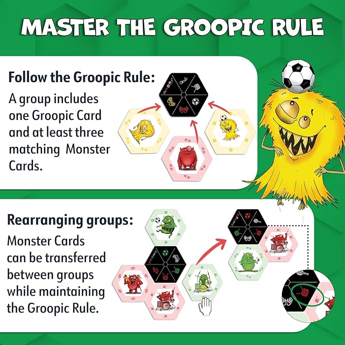 Groopic Monster's Style – Award-Winning and Fun Twist on The Beloved Rummy Game. Board Games for Kids 8-12 & Families, Innovative Rummy Card Game Set. Monster Games for Kids, Ages 8+, Players 2-4