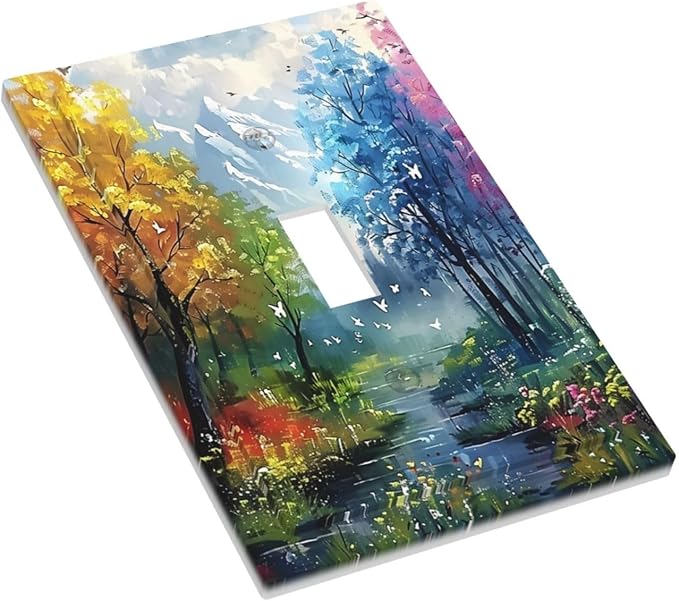 Colorful Forest Snow Mountain River Oil Painting Style Decorative Light Switch Cover 1 Gang Single Toggle Device Electrical Faceplate Switchplates Decorator Outlet Wall Plate for Bedroom Living Room