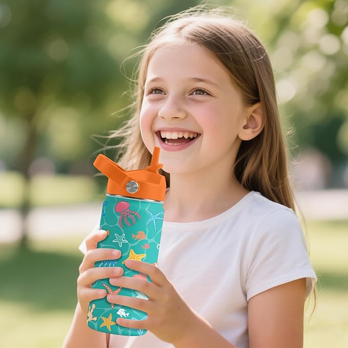 Ocean Gifts for Kids - 16 Oz Green Water Bottle with Straw Lid, Stainless Steel Insulated Tumbler, Leak Proof, BPA-Free, for Girls & Boys, School, Beach - Marine Life Lovers Birthday Gifts (1pc)
