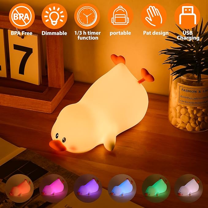 ZKLiLi Night Light for Kids Lamp, 16 Colors Lamp Cute, Dimmable Baby Night Lights for Nursery,Silicone Rechargeable Nightlight for Kids Room, Kawaii Room Decor (Duck)