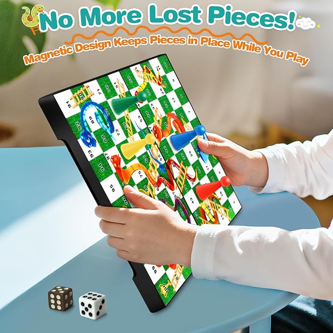 Magnetic Snakes and Ladders Board Game for Kids and Adults - 9" Compact Portable Travel Games with Pieces and Dice, Classic Foldable Family Game Set for 2-4 Players Ages 3 and Up