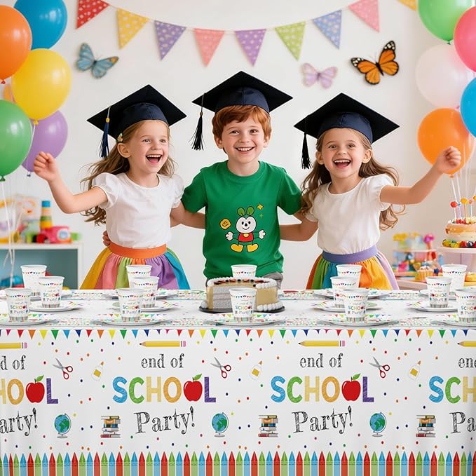 MEHOFOND End of School Party Decorations Tableware Set 193 Pcs, School Out Graduation Disposable Plates Cups Napkins Cutlery with Plastic Tablecloth for Kids Classroom Graduation Party