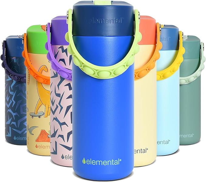 Elemental Insulated Kids Water Bottle, Stainless Steel Water Bottle with Straw Lid & Pop-It Handle, Leak-Proof Water Bottles for School, Boys or Girls, Travelling and Sports, 18oz - Night Fall