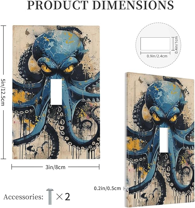 Decorative Light Switch Cover Nautical Vintage Blue Octopus Yellow Eyes Oil Watercolor 1 Gang Single Toggle Device Electrical Faceplate Switchplates Decorator Outlet Wall Plate for Kids room