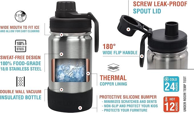 CHILLOUT LIFE 12 oz Kids Insulated Water Bottle for School with Leakproof Spout Lid and Cute Waterproof Stickers, Personalized Stainless Steel Thermos Flask Metal Water Bottle for Girls & Boys