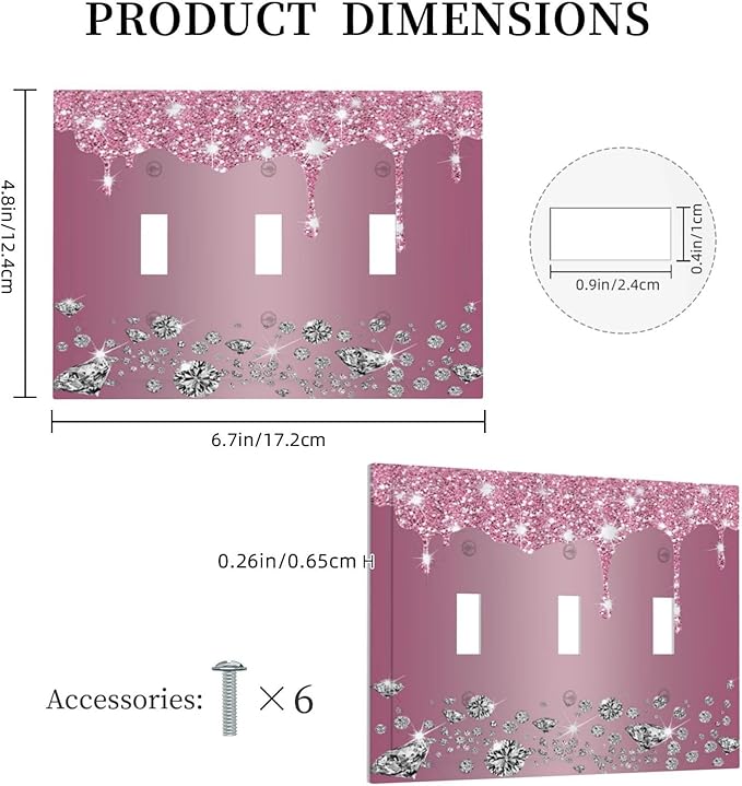Sparkling Diamonds Pink Silver Glitter Drops Print 3 Gang Light Switch Covers Decorative Unique Triple Toggle Wall Plate Electrical Faceplate Switchplate for Bathroom Bedroom Home Decor