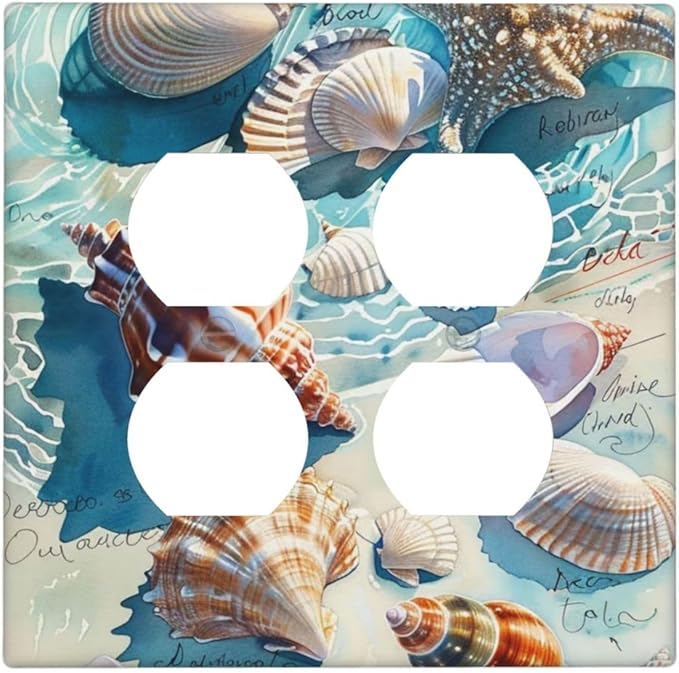 Outlet Covers Ocean Waves Starfish Conch Scallop Shell 2 Gang Double Duplex Decorative Light Switch Covers Electrical Wallplates Socket Faceplate For Kids Room Nursery Decor
