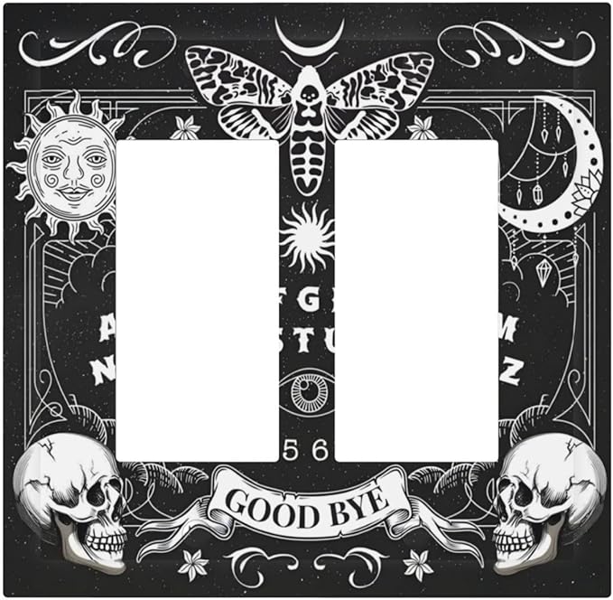 Black Witchy Skeleton Skull Gothic Sun Moon Decorative Outlet Covers 2 Gang Double GFCI Rocker Electrical Wall Panels Light Switch Cover Plate for Bedroom Living Room Decor