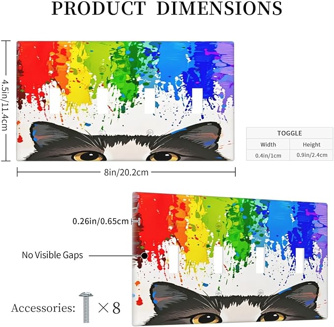 Cat Rainbow Quad Toggle Wall Plate Decorative 4 Gang Light Switch Covers Electrical Switchplate Home Decorate Faceplat for Bathroom Bedroom Kitchen Room 4.5 x 8 Inch