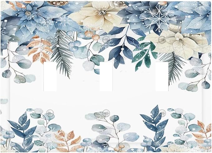 Blue Vine Snowflake Plants Leaves Floral Flowers Decorative Switch Plates 3 Gang Wall Plate Triple Toggle Light Switch Cover Faceplate Electrical Wall Panels for Bedroom Living Room Decor