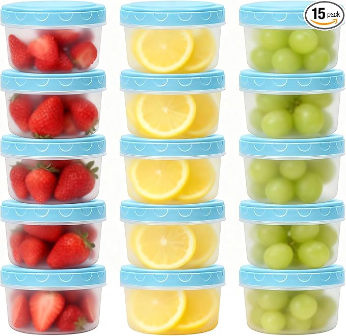 8 Oz Plastic Containers with Lids, 15 Pack 1-Cup Reusable Small Freezer Storage Containers with Screw Top for Food Snack Portion Control Meal Prep, Ultra Thick, Microwave Freezer Dishwasher Safe, Blue