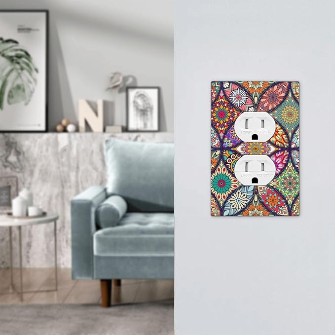 Boho Floral Pretty Colorful Mandala Flowers Outlet Covers 1 Gang Duplex Light Switch Cover Decorative Switch Plates Electrical Receptacle Faceplate Wall Plate for Bedroom Living Room Decor