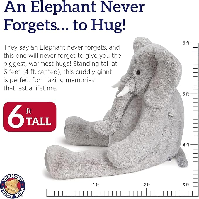 Vermont Teddy Bear Giant Elephant Stuffed Animal | 6 Foot Elephant Plush Toy | Collectible Plushies from Giant Cuddle Collection for Kids and Adults | Crafted in the USA