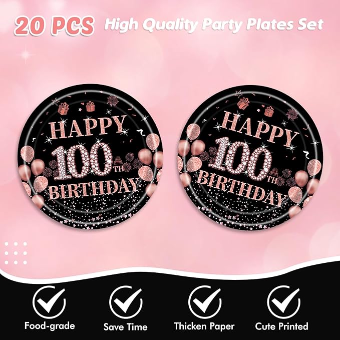 41Pcs 100th Birthday Decorations for Women, Vintage 100 Birthday Black and Rose Gold Disposable Paper Plates and Napkins Party Supplies for 20 Guests, 41Pcs Include 7" Plates Napkins and Tablecloth