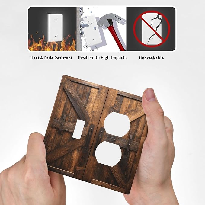 Decorative Outlet Covers Retro Brown Wood Barndoor 2 Gang Light Switch Cover Plate Single Toggle Duplex Wall Plates for Electrical Outlets Switch Plate Covers for Farmhouse Home Decor