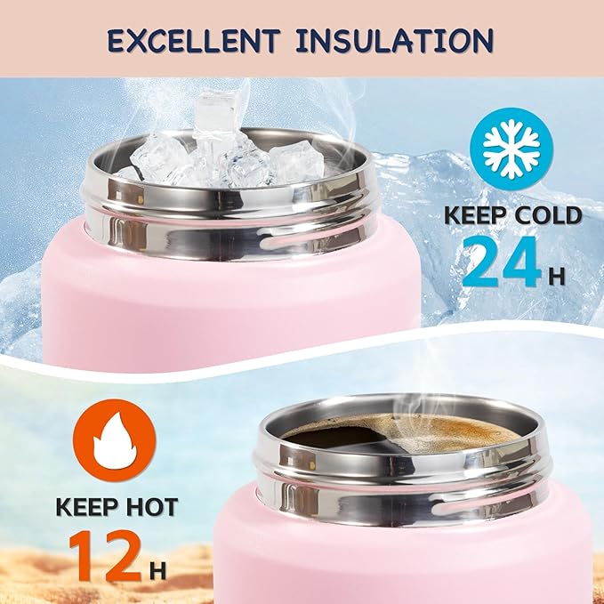 Kerilyn 12oz Kids Water Bottle 2 Pack, Stainless Steel Insulated Water Bottle Bulk, Toddler Cups with Straws Leak-Proof, Kids Water Bottles for School Boys Girls, BPA Free, Rose Red+Charm Pink