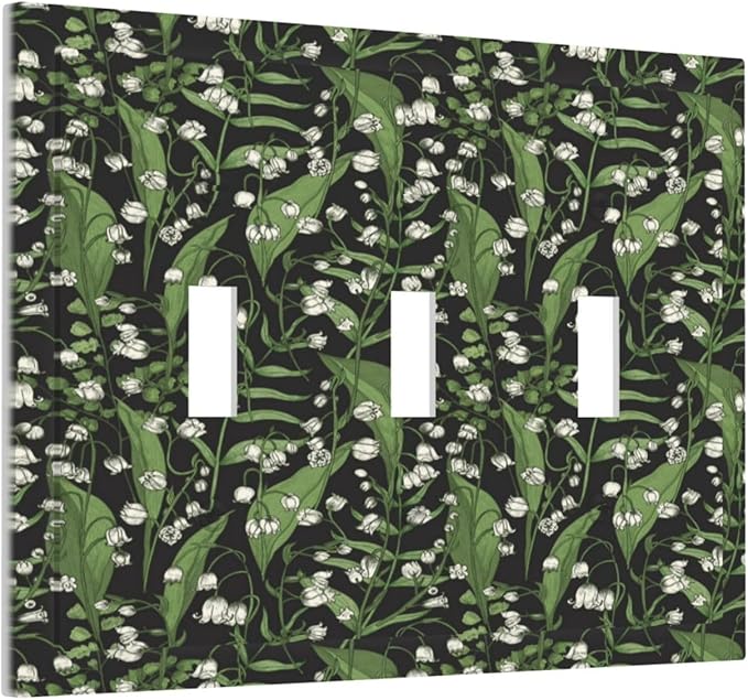 Boho Floral Green Leaves White Flowers Decorative Switch Plates 3 Gang Wall Plate Triple Toggle Light Switch Cover Faceplate Electrical Wall Panels for Farmhouse Bed Room Decor
