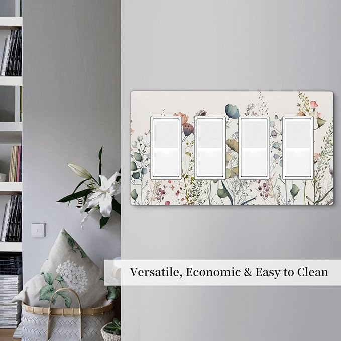 Beige Wild Flower Floral Blossom 4 Gang Quad Rocker Light Switch Cover Decorative Quadruple Device GFCI/Decorator Wall Plate Electric Faceplate Screwless