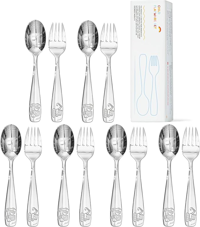 KINGSTONE Toddler Silverware Set, 12 Pieces Kids Utensils - 6 Forks & 6 Spoons, 18/10 Stainless Steel Food-Grade Kids Flatware, Construction Vehicle, Digger & Dump Truck Dishes, Dishwasher Safe