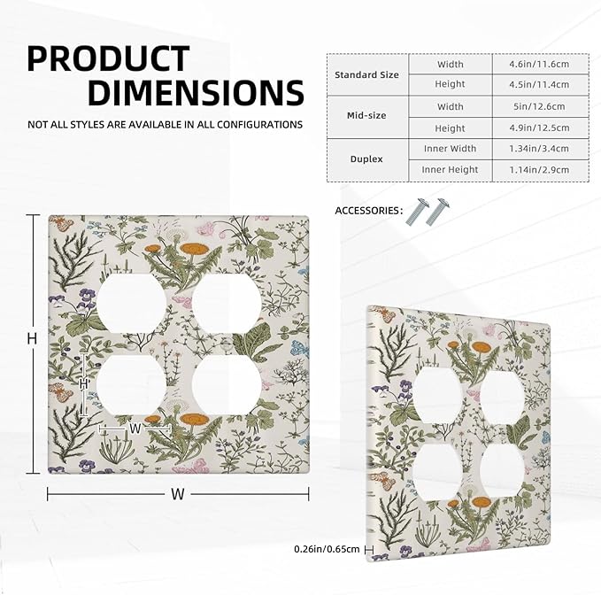 Outlet Covers Boho Floral Vintage Flowers Plants 2 Gang Decorative Light Switch Cover Double Duplex Wall Plates Switch Plates Electrical Socket Covers for Bathroom Bedroom Decor