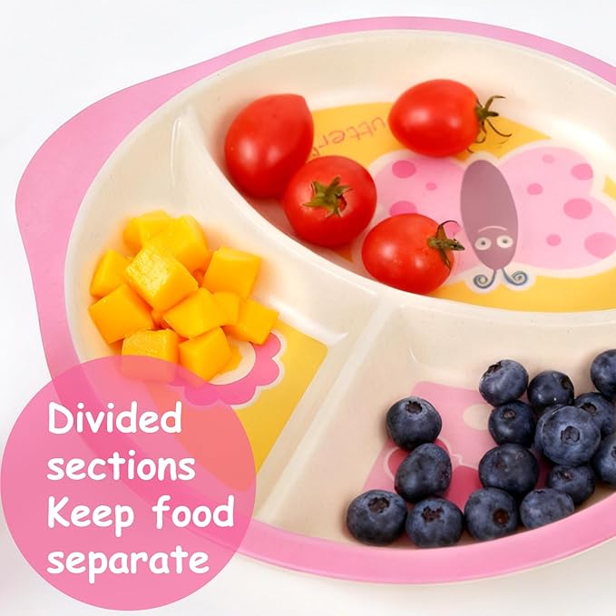Kids Dinnerware Set, 5-Piece Mealtime Tableware for Children & Toddlers – Includes Divided Plate, Bowl, Cup, Fork & Spoon – Natural Bamboo Fiber, BPA-Free, Dishwasher Safe (Butterfly)