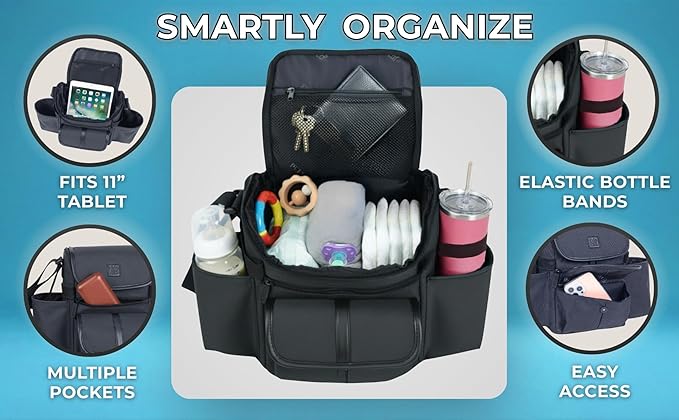 NT·hut Baby Stroller Organizer, Stroller Caddy Bag with 2 Wide Cup Holders & Bottle Straps, Universal Strap Fit, Fits 11" Tablet, Magnetic Pocket, Zipper & Mesh Pockets, Water Resistant 600D (Black)
