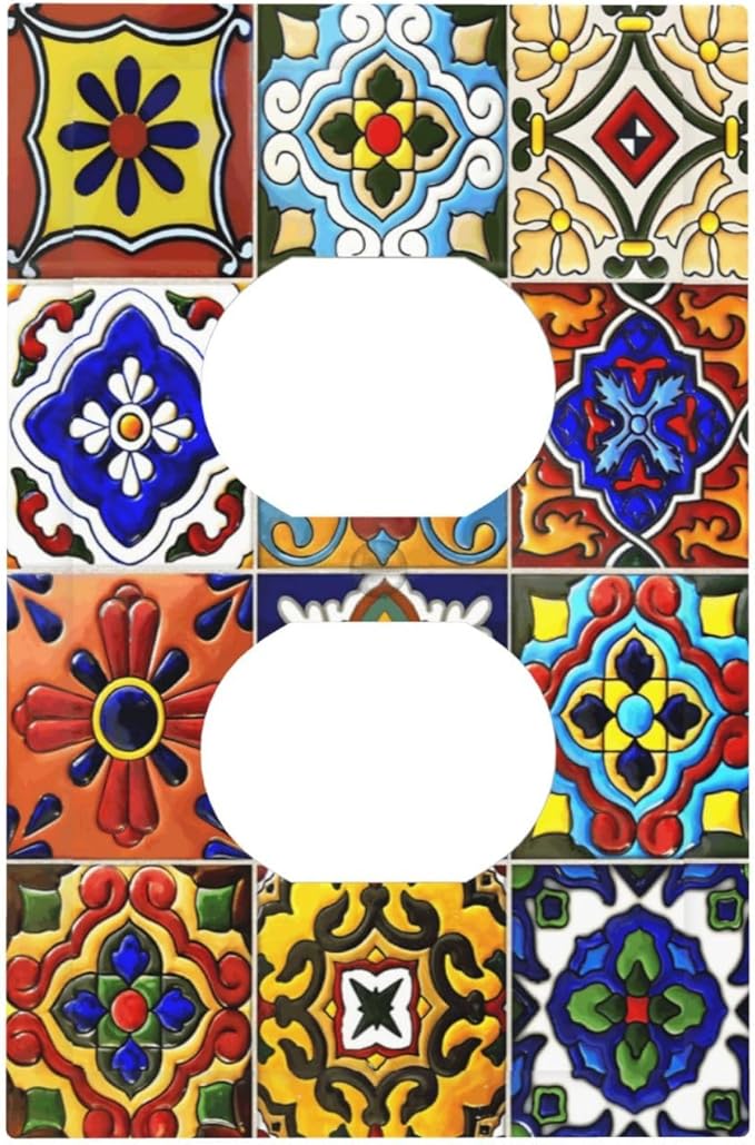 Vintage Colorful Boho Mexican Moroccan Tile Outlet Covers 1 Gang Duplex Light Switch Cover Decorative Switch Plates Electrical Receptacle Faceplate Wall Plate for Farmhouse Home Decor