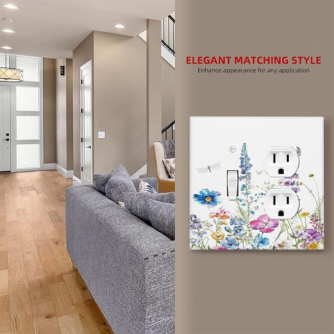Wallplates Boho Colorful Flowers Plants And Dragonflies 1 Toggle 1 Duplex Switch Plate Electrical GFCI Faceplate Decorative Light Switch Covers for Bedroom living Room Decor