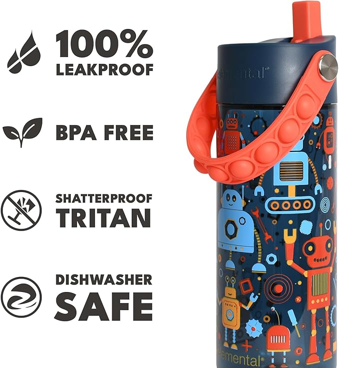 Elemental Water Bottles for Kids - Splash Kids Water Bottle for School with Pop-it Handle - BPA Free Tritan Plastic Water Bottle with Straw Leak Proof when Spout is Closed - Blue Robot - 18oz