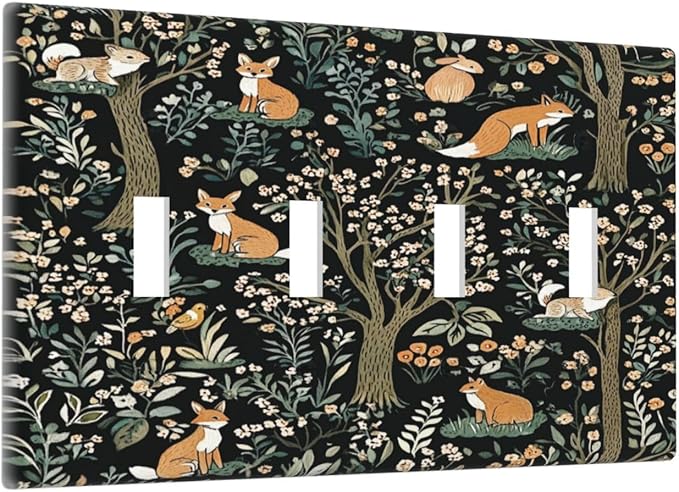 Light Switch Covers Fairy Forest Animals Fox Squirrel Flower Quad Toggle Electrical Faceplate 4 Gang Wall Plate Decorative Switch Plates For Bed Room Farmhouse Decor