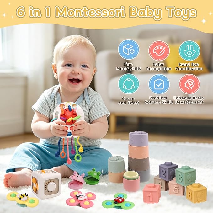 Baby Toys 6-12 Months, 6 in 1 Montessori Toys for Toddlers 1-3, Infant Sensory Pull String Toy, Fidget Spinners Soft Baby Blocks Stacking Cups, Baby Gifts for 1 Year Old