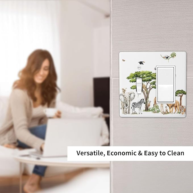 Large Animals Elephant Giraffe Jungle Lion Leopard Zebra Outlet Covers 1 Toggle 1 Rocker Combination Decorative Wall Plate Electrical Switch Plates Light Switch Cover Plate for Kids Room Nursery Decor