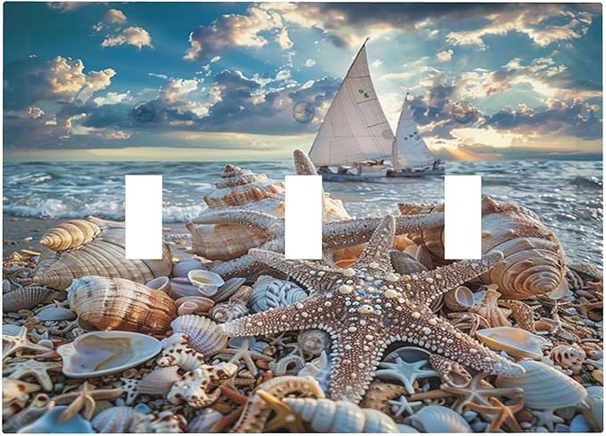Light Switch Cover Plate Summer Sea Beach Starfish Seashell Sailboat 3 Gang Switch Plate Covers Triple Toggle Decorative Wall Plates Electrical Faceplate for Bathroom Home Decor