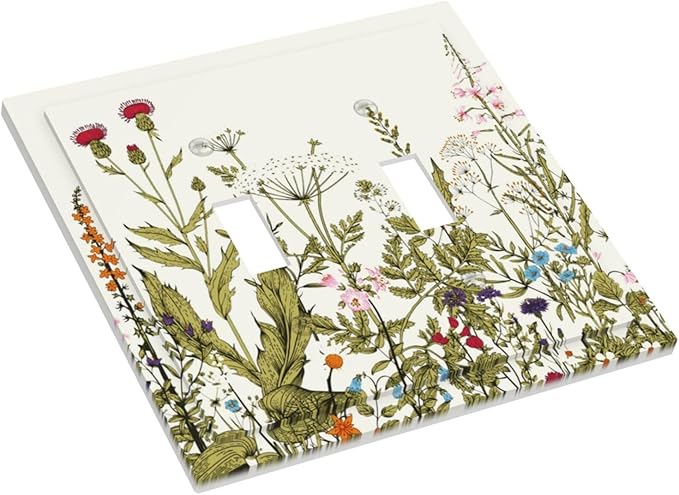 Colorful Boho Vintage Wildflower Rustic Flowers Floral Decorative 2 Gang Light Switch Cover Country Bloom Border Electrical Dual Device Double Toggle Outlet Switch Face Wall Plate Cover for Dimmer