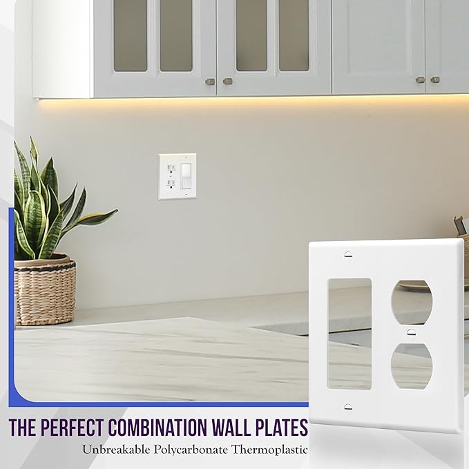 ENERLITES Combination Duplex Receptacle Outlet/Decorator Rocker Light Switch Wall Plate Cover, Standard Size 2-Gang 4.50" x 4.57", Polycarbonate Thermoplastic, UL Listed, 882131-W, White, 2 Pack