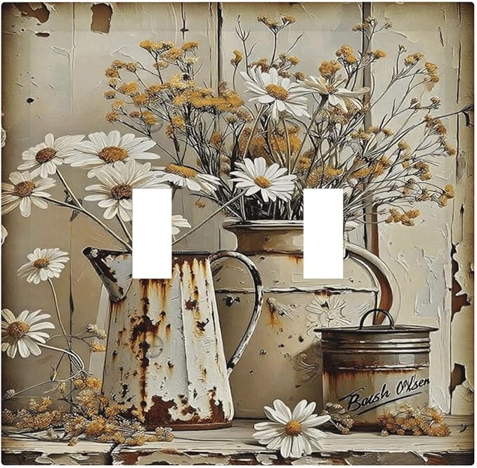 Rustic Flowers Daisy Floral White Wooden Planks Decorative Switch Plates 2 Gang Double Toggle Outlet Light Switch Cover Wall Plate Electrical Faceplate for Farmhouse Home Decor
