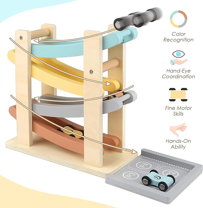 Joyreal Montessori Toddler Toys for 1 2 Year Old - 4 Level All-Wooden Car Ramp Racer Toys with 4 Mini Cars & Garages - Christmas Birthday Gifts for 1-3 Year Old Boys and Girls