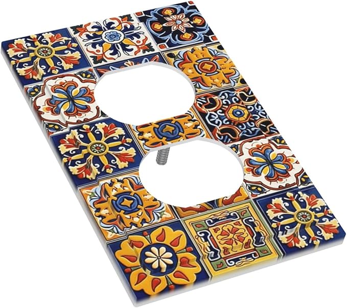 Mexican Talavera Tiles Flower Vintage Outlet Covers 1 Gang Duplex Light Switch Cover Decorative Switch Plates Electrical Receptacle Faceplate Wall Plate for Kitchen Bathroom Decor