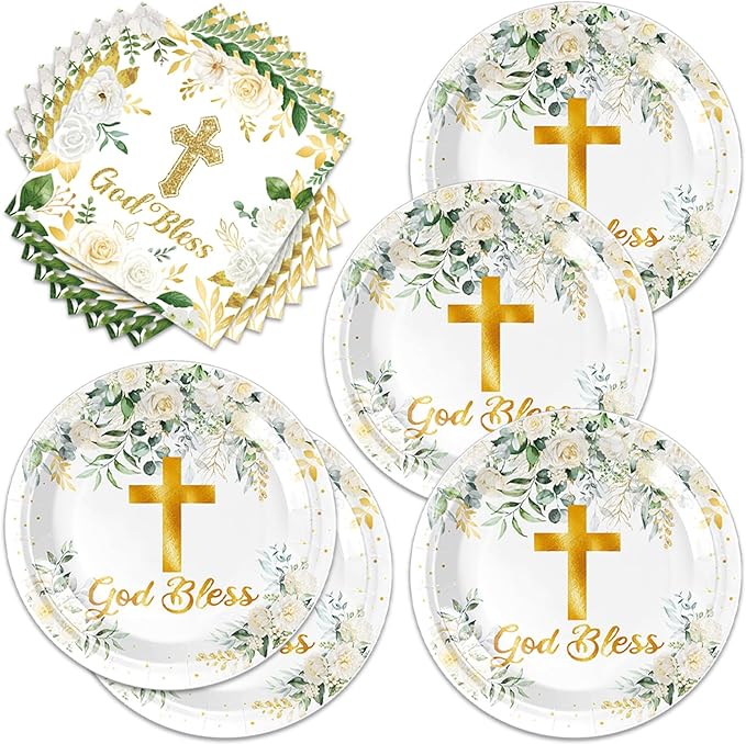 40Pcs God Bless Party Decorations Tableware Supplies 20 Plates and 20 Napkins for God Bless Baptism Party Decoration Serve 20 Guests