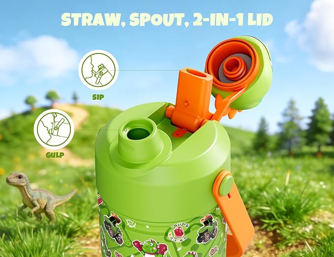 POWCAN 12 oz Kids Stainless Steel Water Bottle: 2-in-1 Straw Spout Lid with Soft Animal Head, Leakproof, Car Cupholder Friendly, Keep Cold 24H, Insulated Bottle for School, Sports, Camp (Cowboy Rex)