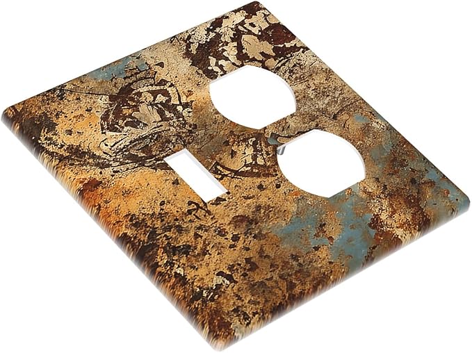Light Switch Cover Plate Shabby Old Rusty Antique Brass Copper Print 2 Gang Outlet Covers 1 Toggle 1 Duplex Socket Cover Wallplates Electrical Switch Plate Covers for Kitchen Home Decor
