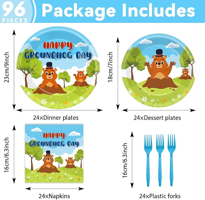 96 Pcs Groundhog Day Plates and Napkins Party Supplies Cute Animals Happy Groundhog Day Decor Tableware for 24 Guests Peeking Out Hole Weather Forecast Spring February 2nd Birthday Party Decorations