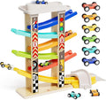 TOP Bright Wooden Race Track Car Ramp Toys for Toddlers 1-3 Years Old with 6 Mini Cars, 1 Car Garage & Extra Bridges, Toddler Montessori Toys for 1 Year Old Boys Girls Birthday