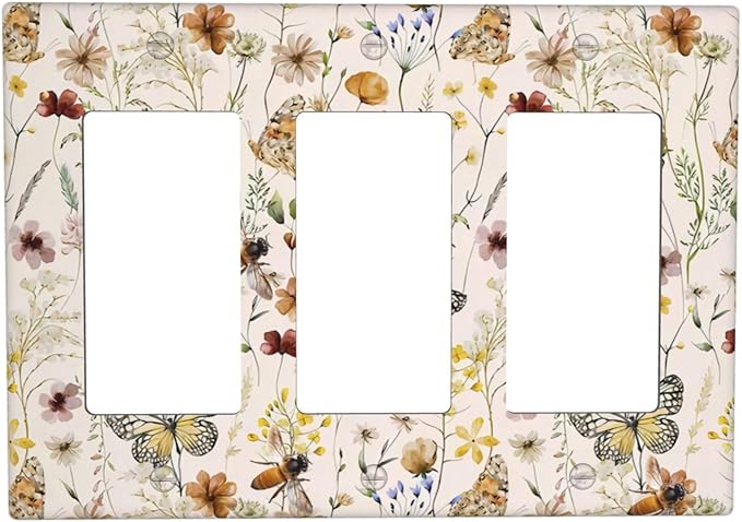 Vintage Butterflies Triple Rocker Wall Plates Colorful Wildflower Light Switch Plate Covers Decorative Cute Bees GFCI Lightswitch Faceplate Beige Flower Leaves Dimmer Decor for Bedroom Kidroom