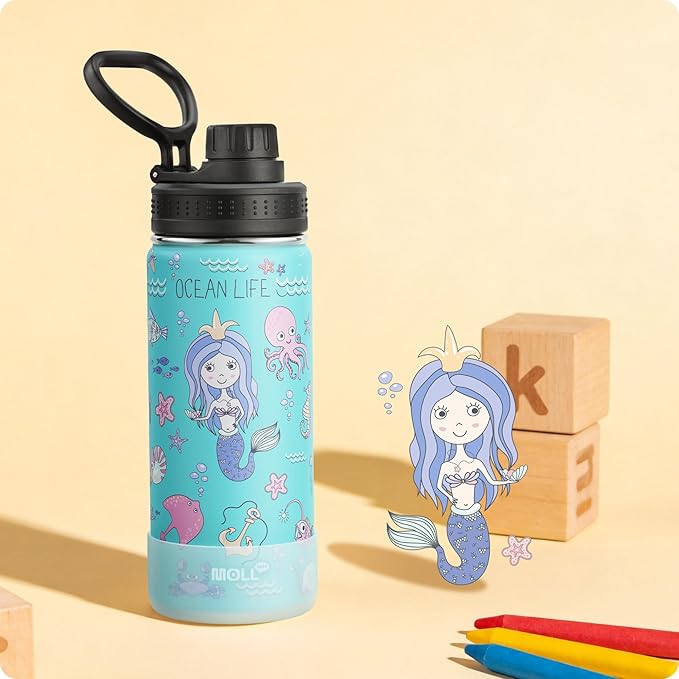 16 oz Water Bottle for Kids -Stainless Steel Double Wall Vacuum Insulated Water Bottle for Girls-Leak Proof, BPA Free-Mermaid
