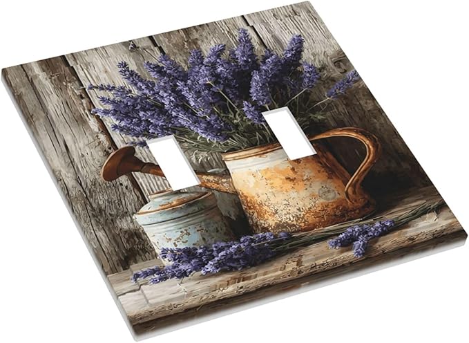 Rustic Flowers Lavender Purple Floral Oil Painting Decorative Switch Plates 2 Gang Double Toggle Outlet Light Switch Cover Wall Plate Electrical Faceplate for Farmhouse Bedroom Decor