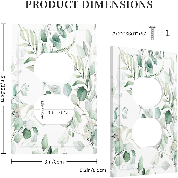 Boho Green Eucalyptus Leaf Floral Plants Flowers Outlet Covers 1 Gang Duplex Light Switch Cover Decorative Switch Plates Electrical Receptacle Faceplate Wall Plate for Bed Room Living Room Decor