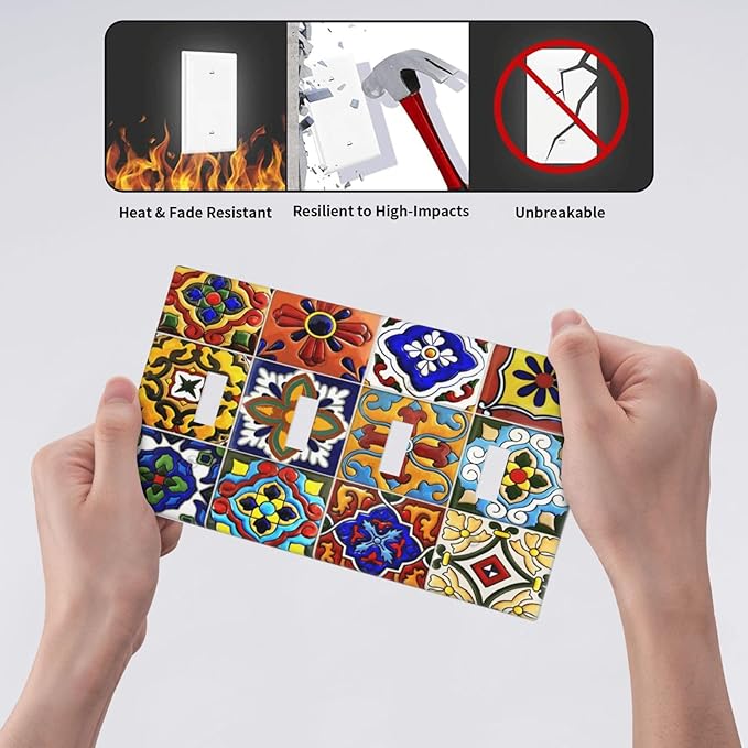 Vintage Colorful Boho Mexican Moroccan Tile Light Switch Covers Quad Toggle Electrical Faceplate 4 Gang Wall Plate Decorative Switch Plates for Farmhouse Home Decor