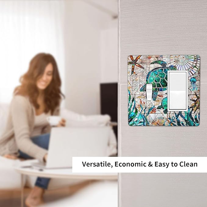 Green Sea Ocean Turtles 2 Gang Combination 1-Toggle 1-Decorator/Gfci Device Wall Plates Nautical Beach Hawaii Tropical Summer One Rocker with Toggle Combo Light Switch Plates and Socket Outlet Covers